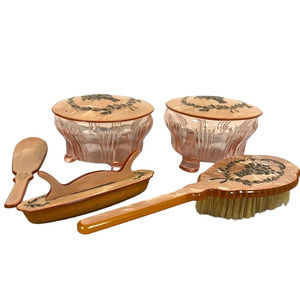 Jeanette 7 Pieces Vanity Celluloid Dresser Ladies Pink Glass Depression Glass